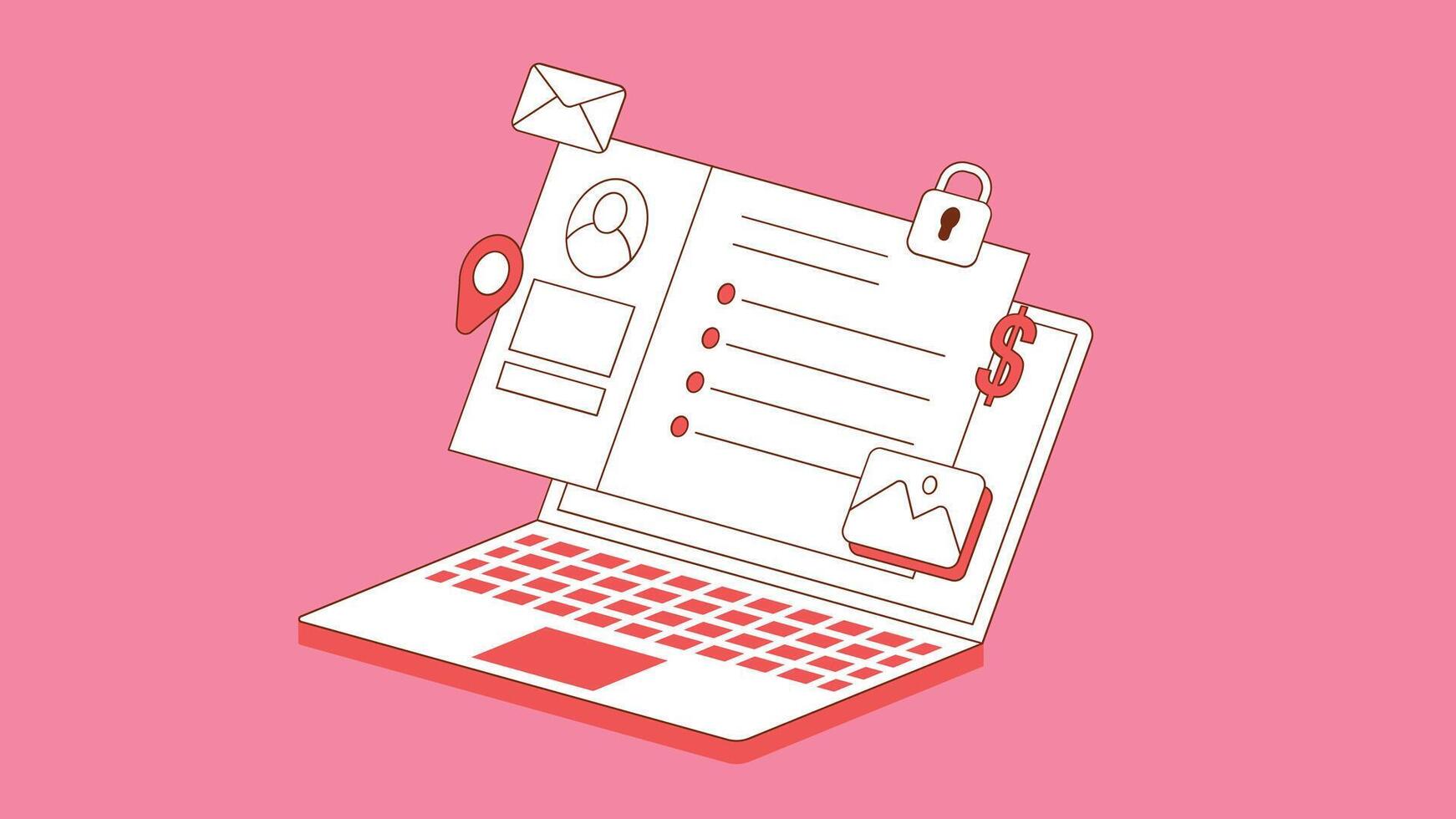 An isometric illustration of a laptop with pop-up windows or notifications on the screen, digital activity or multitasking vector