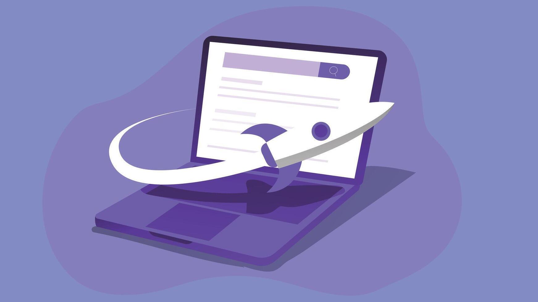 An illustration of a laptop screen with a rocket emerging from it, symbolizing innovation, digital growth, or the launching of an idea vector