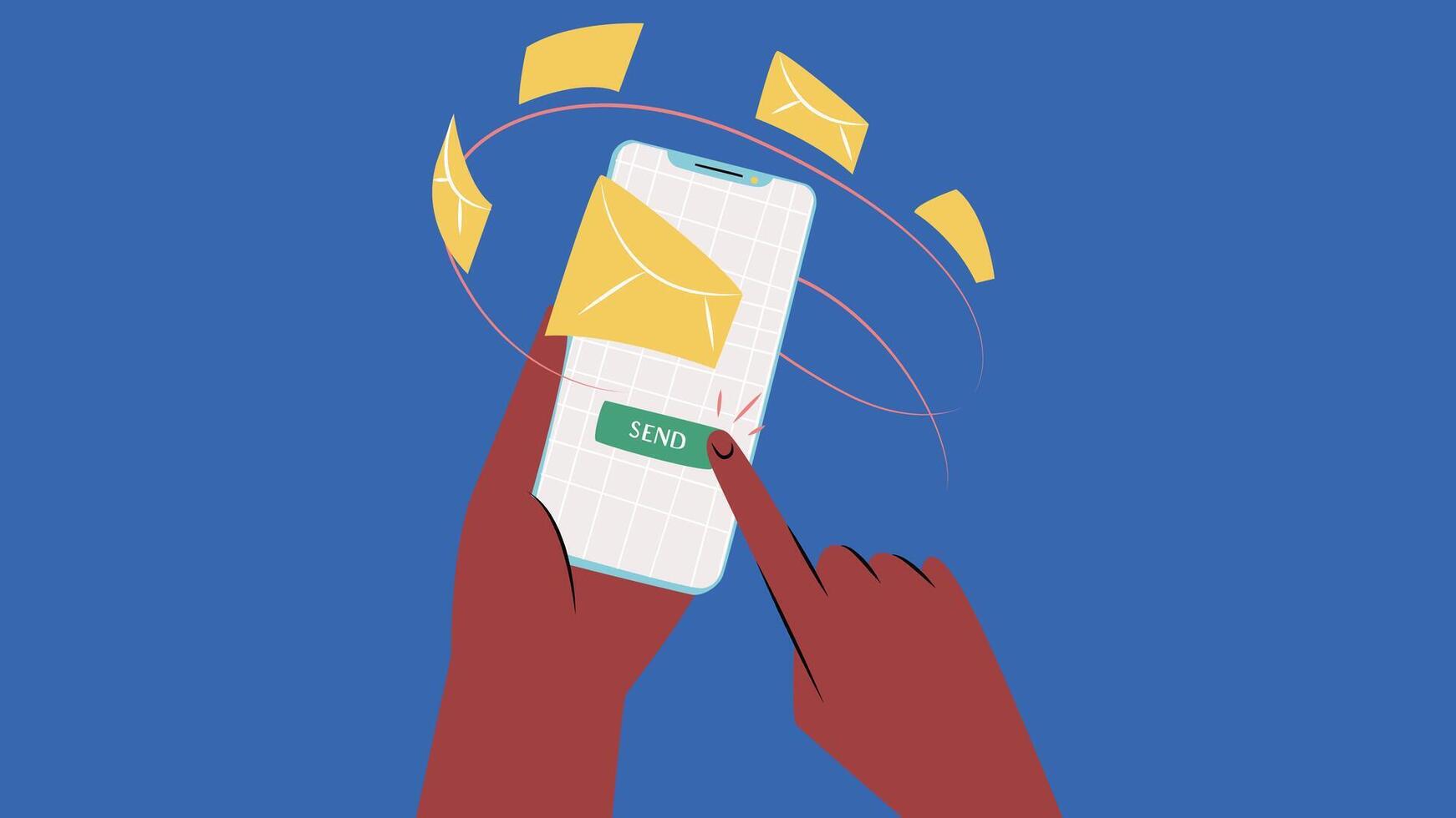 illustration of a hand holding a mobile phone, with the screen showing an email being sent vector
