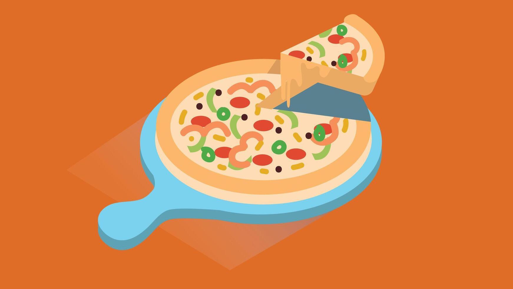 isometric illustration of an Italian pizza, beautifully crafted with a crispy crust, vibrant toppings like tomatoes, mozzarella, basil, and pepperoni vector