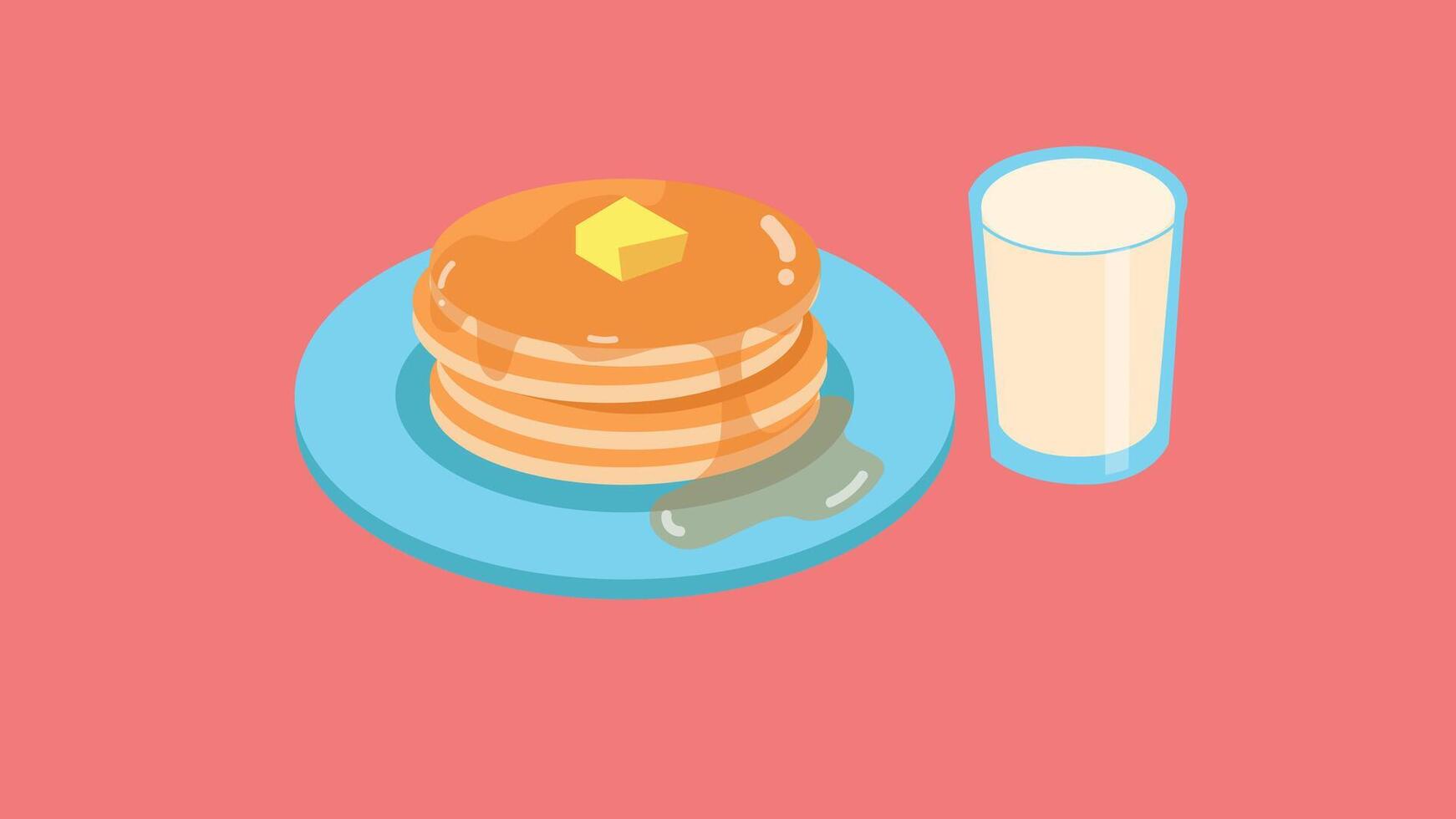 isometric illustration of a delicious breakfast featuring a stack of golden-brown pancakes drizzled with syrup and topped with a small pat of butter vector