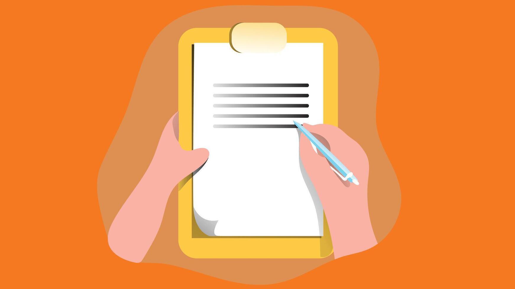 A flat design illustration of a hand holding a pen and writing on a notebook vector