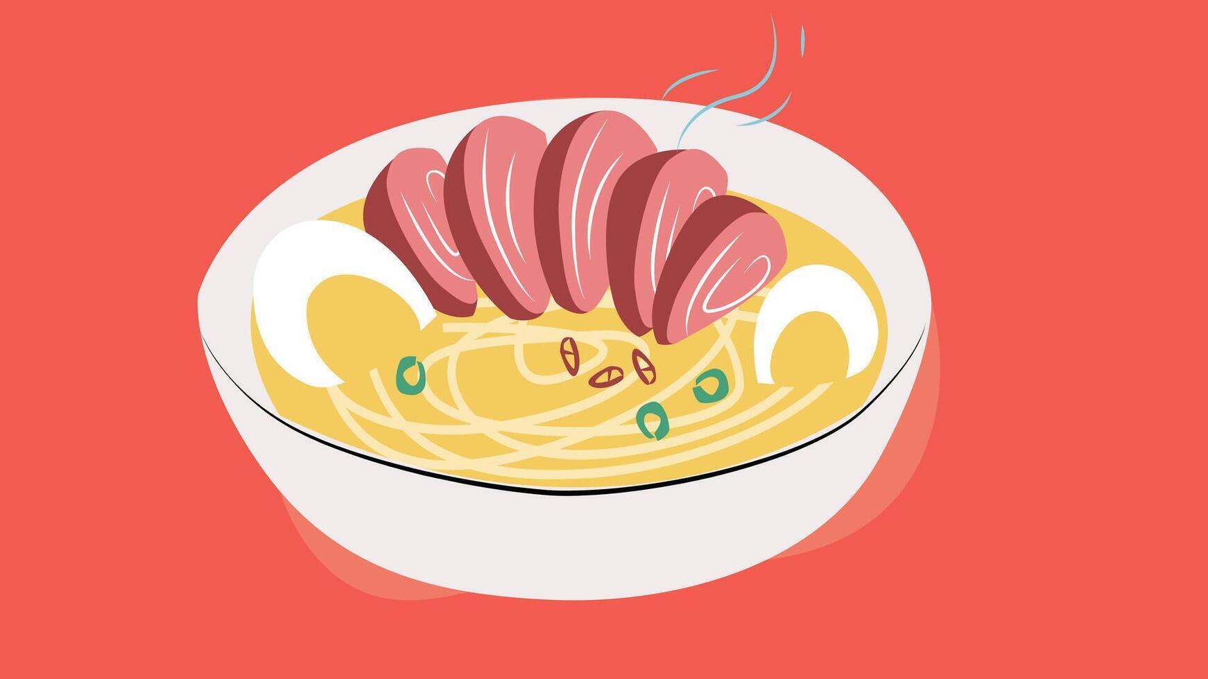 A delicious bowl of Asian-style noodles served with thinly sliced ham, a perfectly cooked sunny-side-up egg vector
