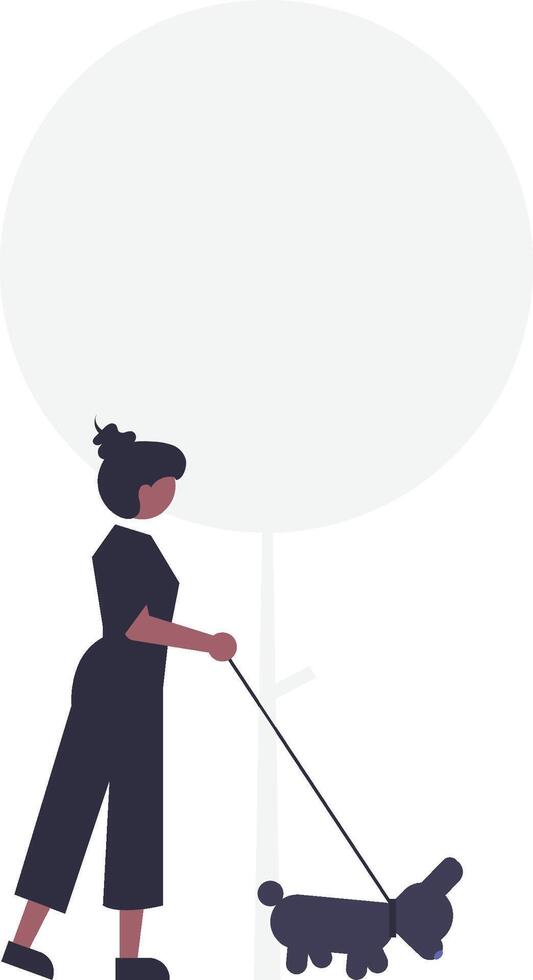 A girl walks her dog through a garden in an outline-style illustration, featuring clean, simple lines vector
