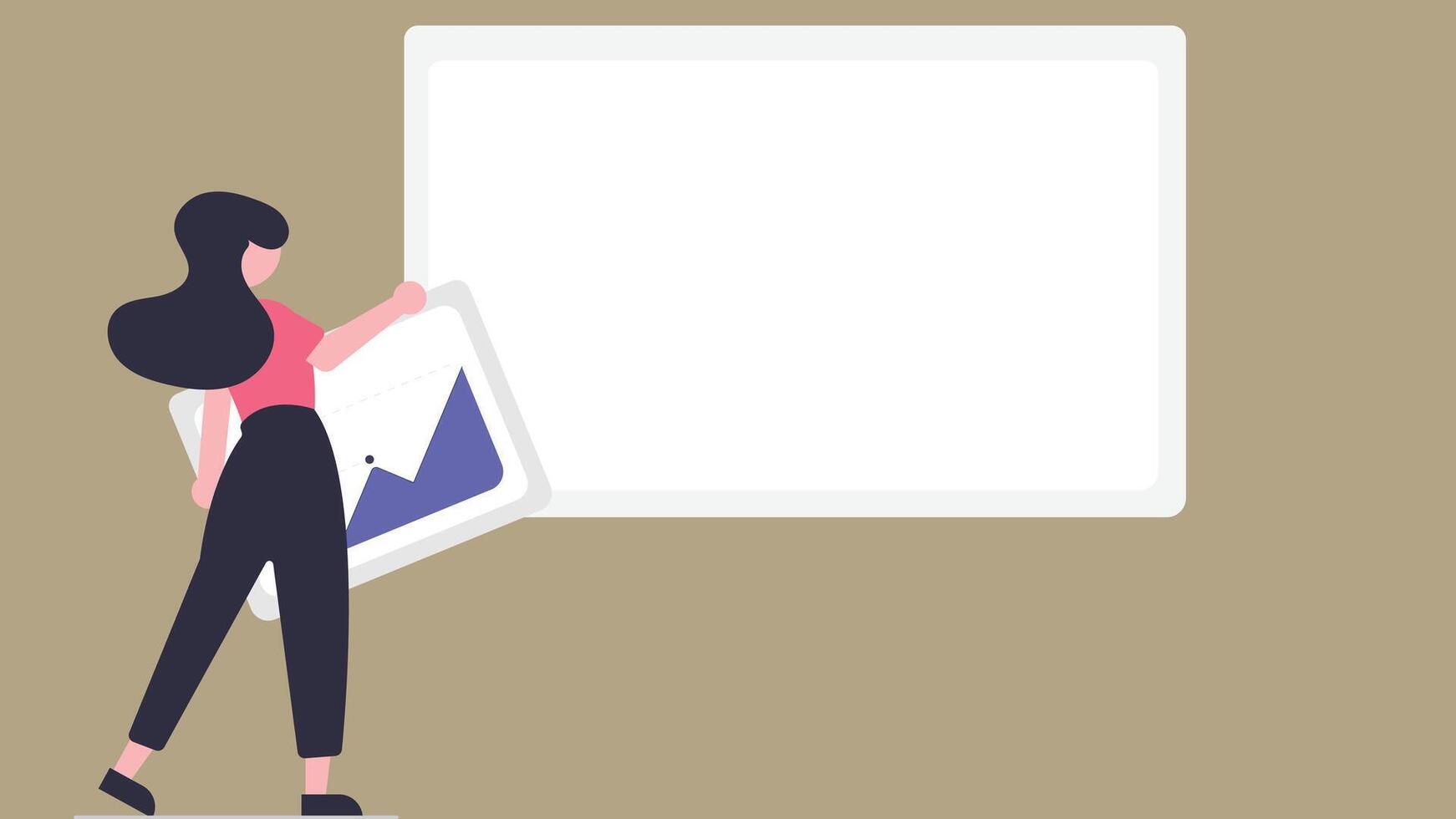 A girl is hanging a picture on the wall carefully adjusting position to ensure it iss perfectly aligned vector