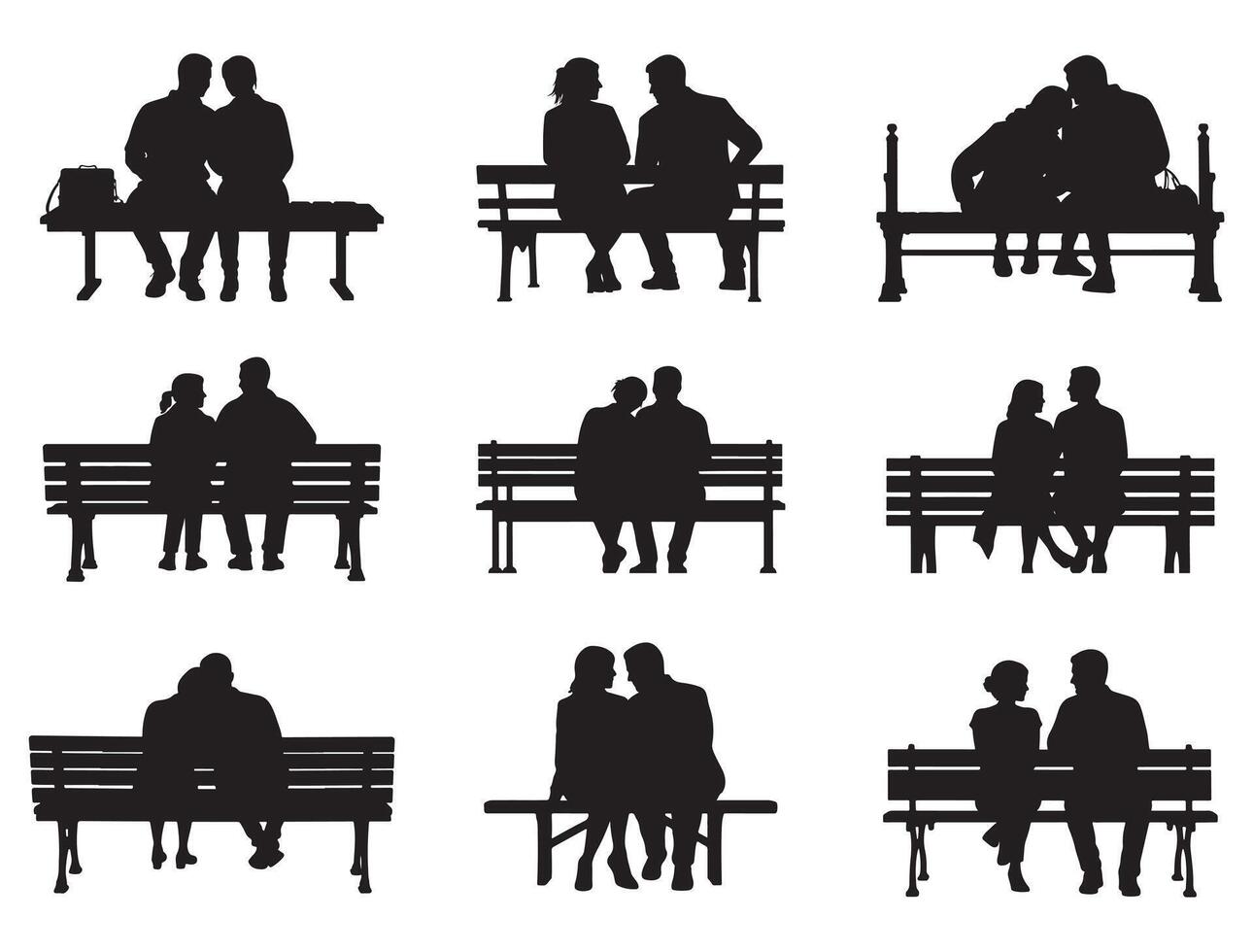 Couple on bench silhouette white background vector