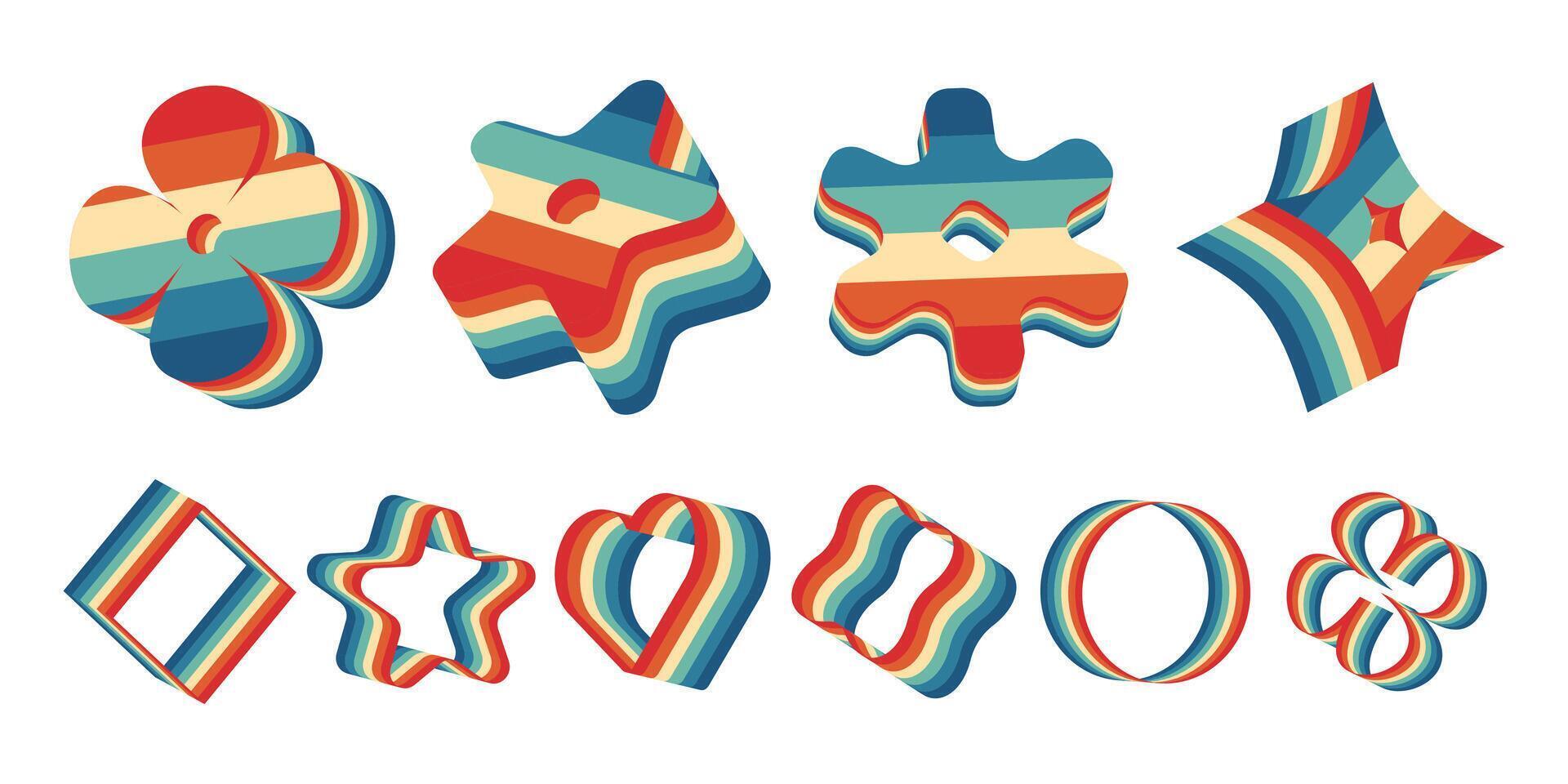 Abstract 3D shapes in retro style. Abstract striped icons with 3D effect are great icons for graphic design, posters, logos, backgrounds, web design and creative projects. illustration set vector