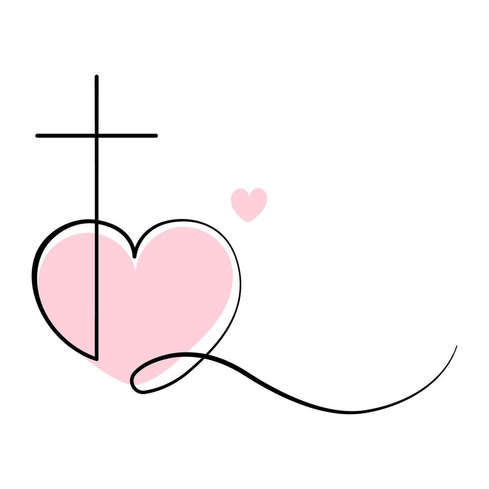 Minimalist Christian Cross and Heart Symbol of Faith and Love. Line art Christian cross integrated with a pink heart. Religious design,church logos,inspirational prints. illustration vector