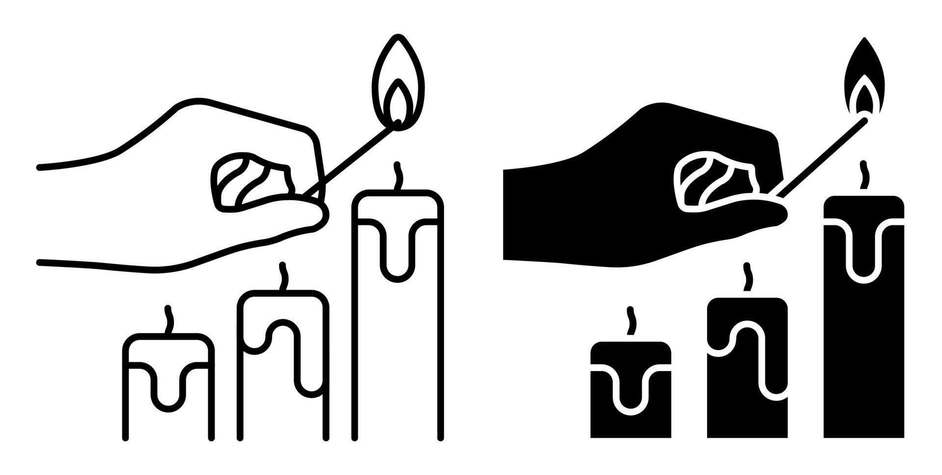 Linear icon. Hand holds burning match over candles. Preparing for the holiday, lighting candles. Simple black and white isolated on white background vector