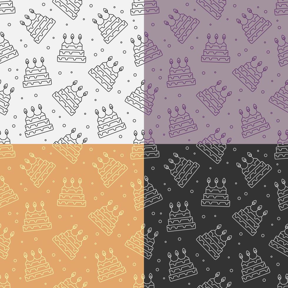 set of seamless patterns with Celebratory tiered cake with burning candles. Dessert for birthday celebration. Ornament for decoration and printing on fabric. Design element. image vector