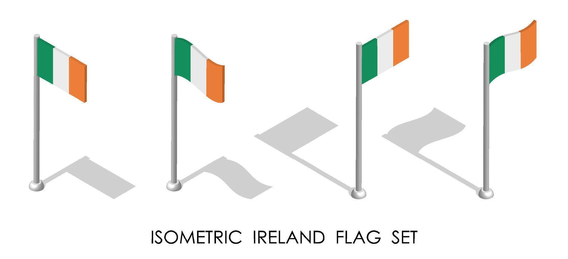 isometric flag of Republic of IRELAND in static position and in motion on flagpole. 3d image vector
