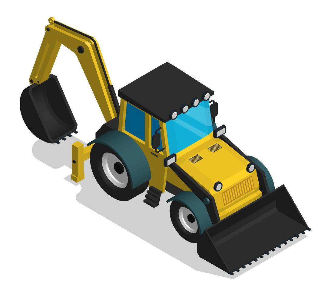 Isometric Construction equipment tractor with front and rear bucket. Industrial machinery and equipment. Realistic cartoon 3d isolated on white background image vector