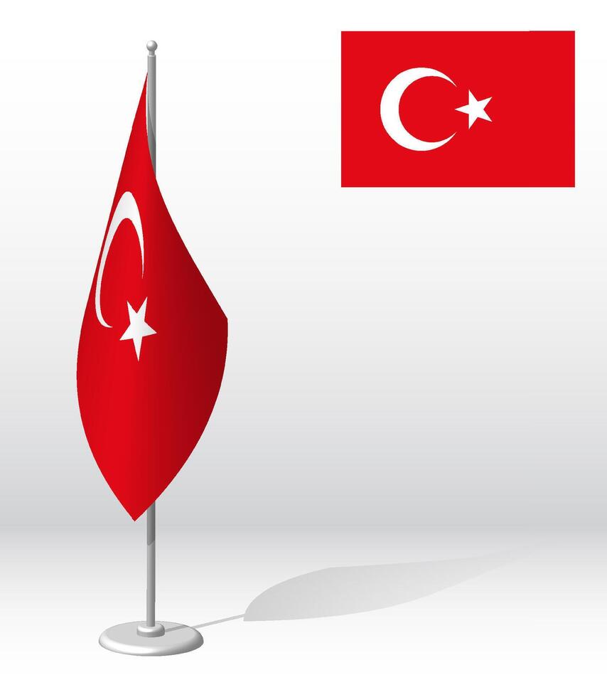 TURKEY Republic flag on flagpole for registration of solemn event, meeting foreign guests. National independence day of TURKEY. Realistic 3D on white vector