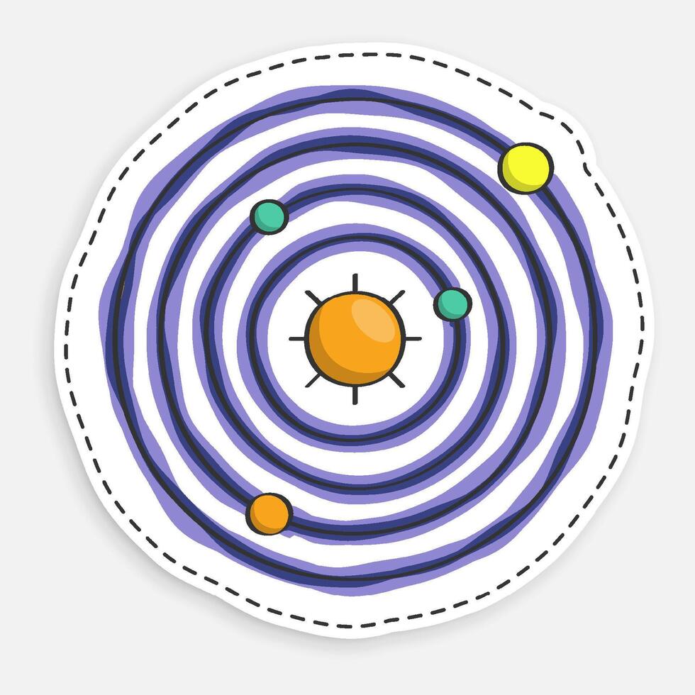 cartoon icon of doodle model of solar system. Planets revolve in orbits in space around star, sun. isolated on white background vector