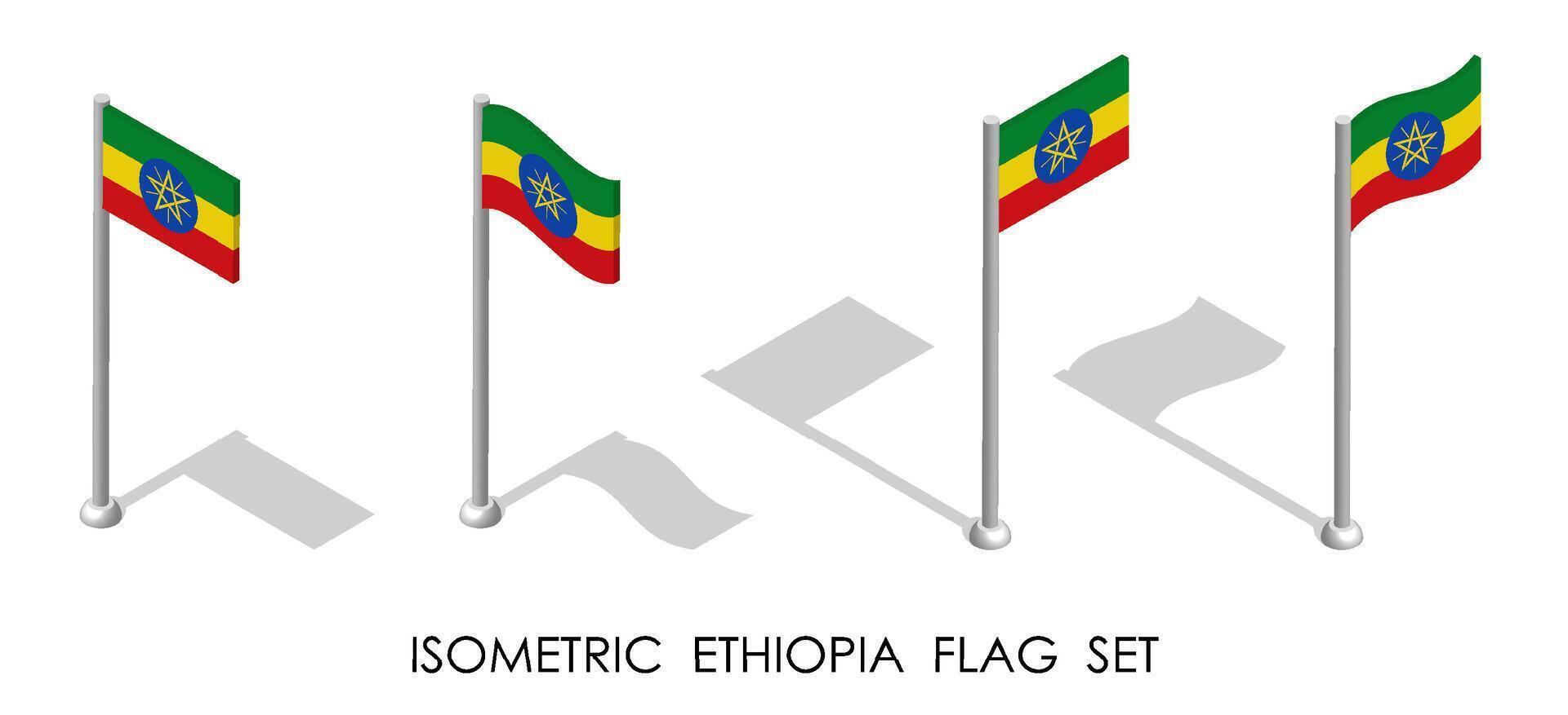isometric flag of ETHIOPIA in static position and in motion on flagpole. 3d image vector