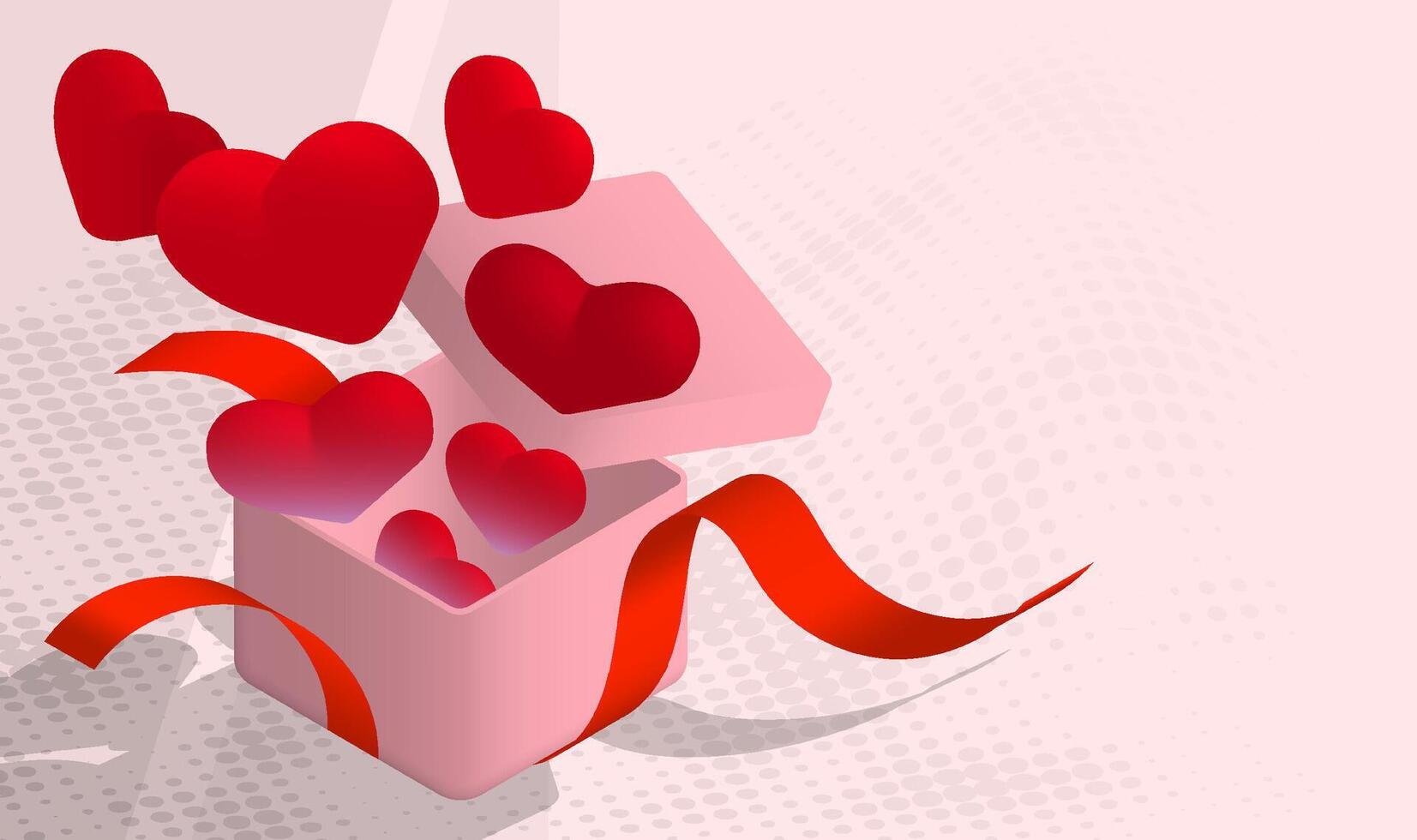 red heart shaped balloons fly out of Gift holiday box. Gifts and surprises for valentine day. Isometric realistic 3D image vector