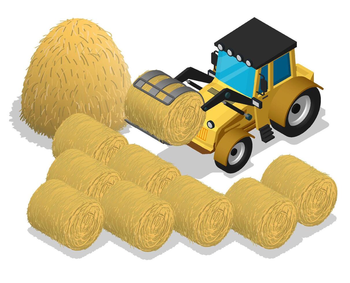 Isometric agricultural tractor with clamping tongs loading rolls of straw. Transport and equipment for agriculture. Realistic cartoon 3d isolated on white background image vector