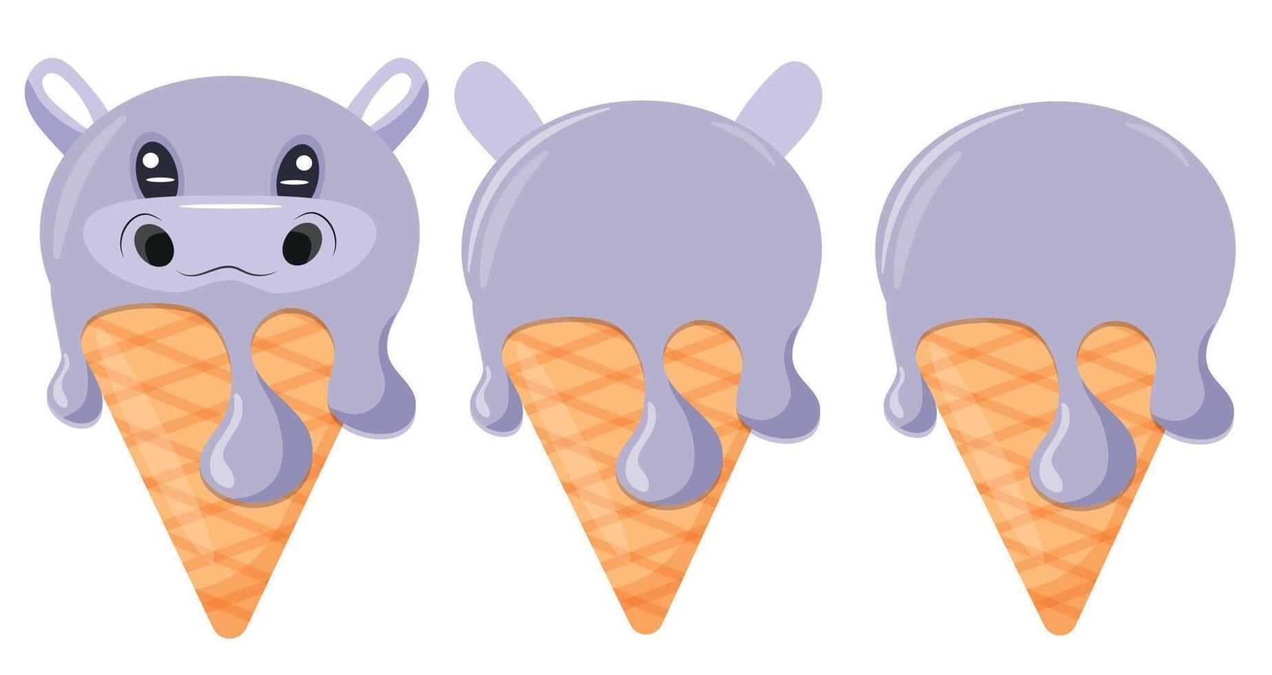 set of cones with ice cream and animal print, namely hippo face and waffle cone, for design, packaging or advertising vector