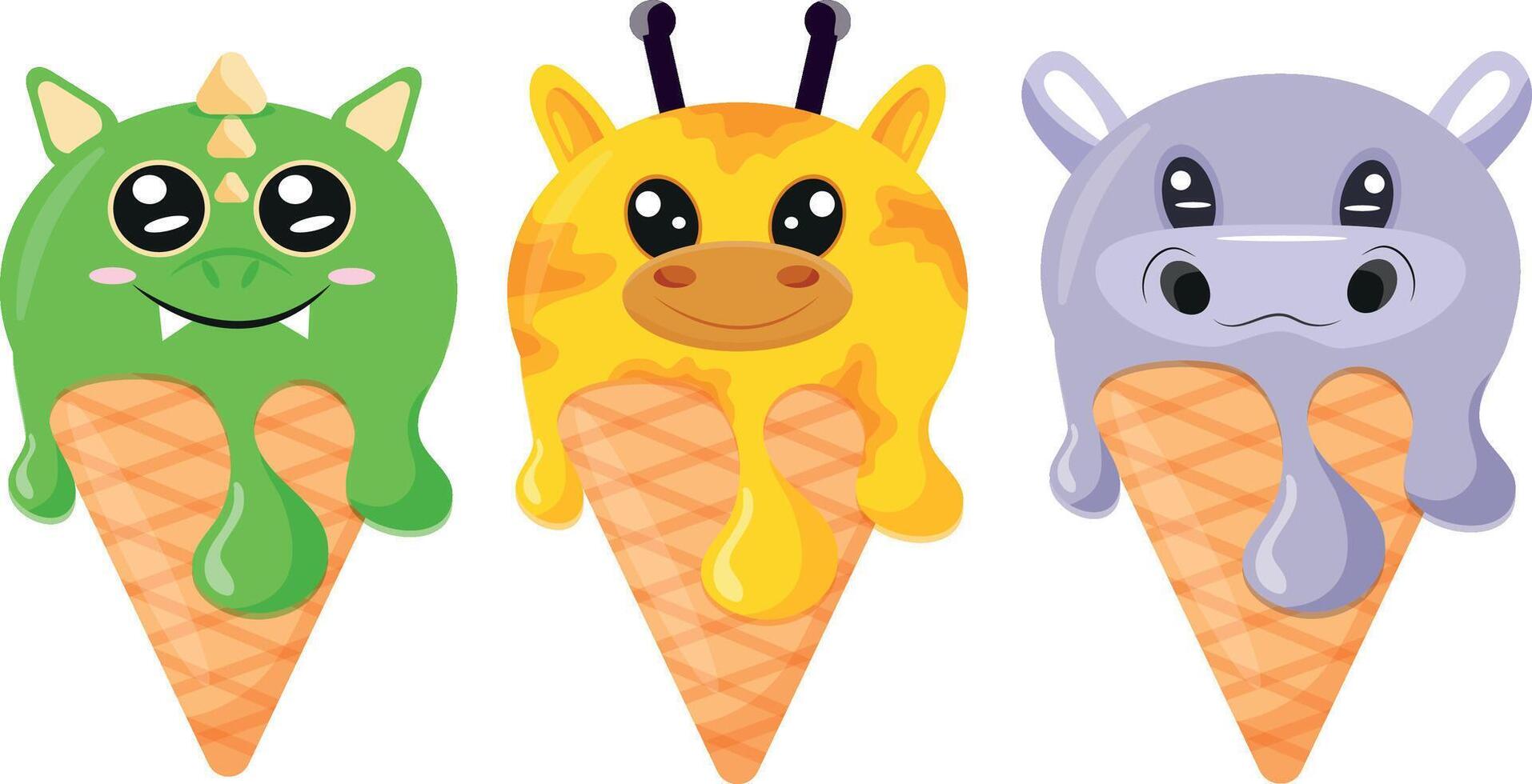 set of cones with ice cream and animal print, namely hippo face, giraffe face and dragon face and waffle cone, for design, packaging or advertising vector