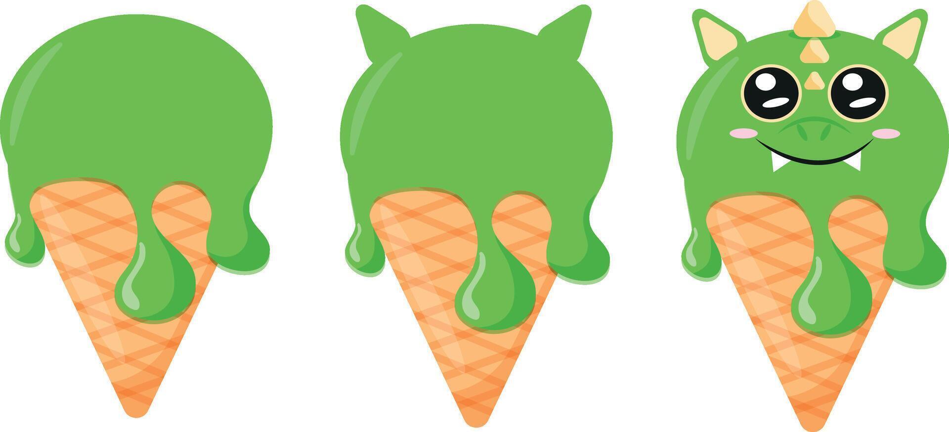 set of cones with green ice cream and animal print, namely dragon face and waffle cone, for design, packaging or advertising vector