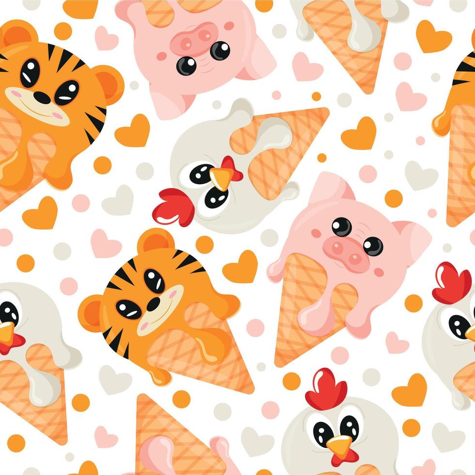 seamless pattern with various layers of ice cream with pig, rooster and tiger faces in a waffle cone, for packaging, advertising or design vector
