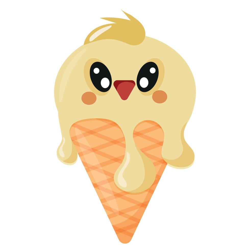 cone with yellow ice cream and animal print, namely with a chicken's face and a waffle cone, for design, for packaging or advertising vector