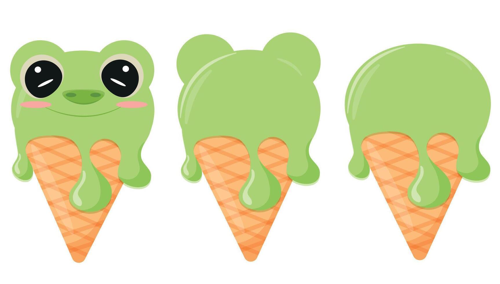 set of cones with green ice cream and animal print, namely frog face and waffle cone, for design, packaging or advertising vector