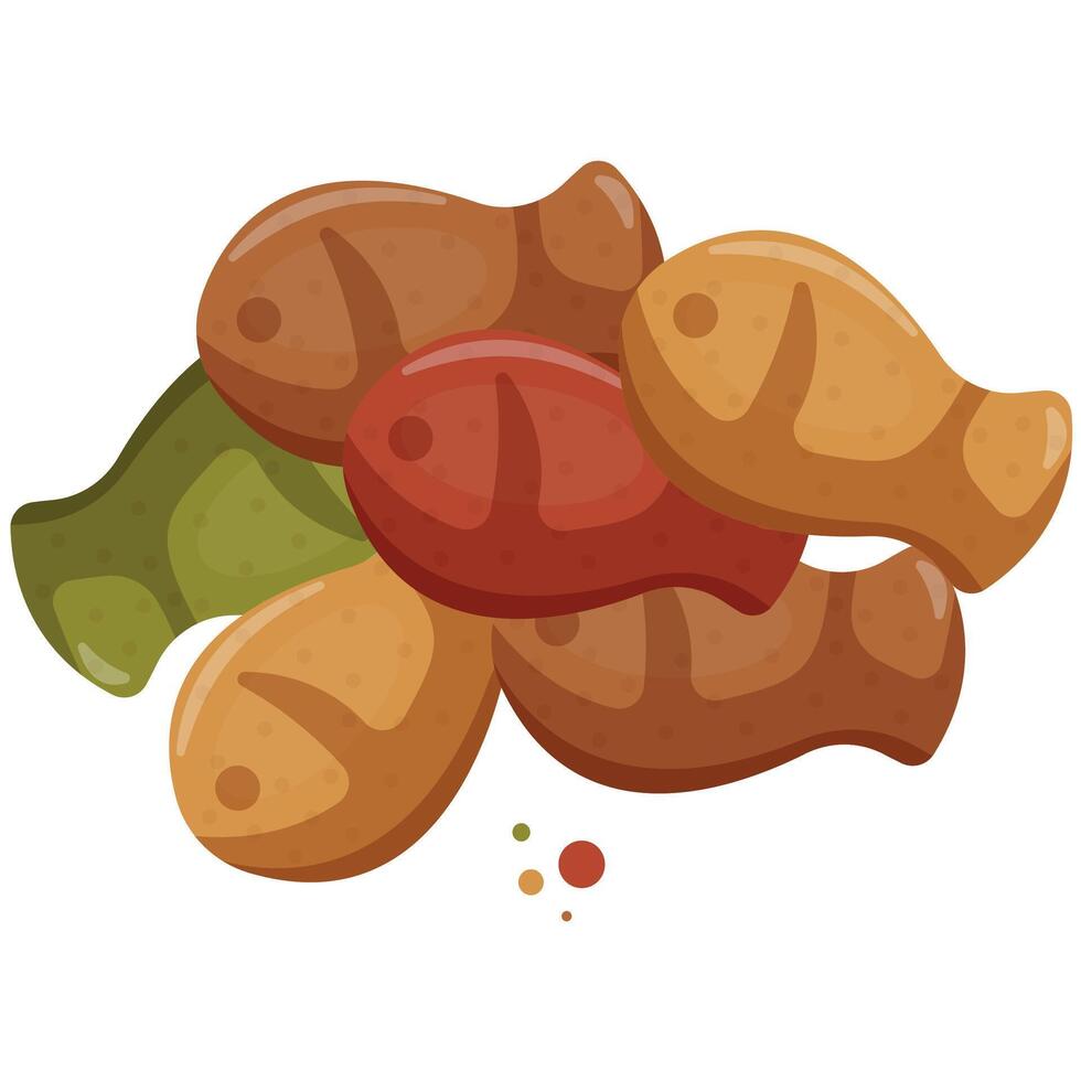 pellets of dry, cat food in the shape of a fish, which means that it is a food with the taste of fish, for a variety of designs, polyraffia or packaging vector
