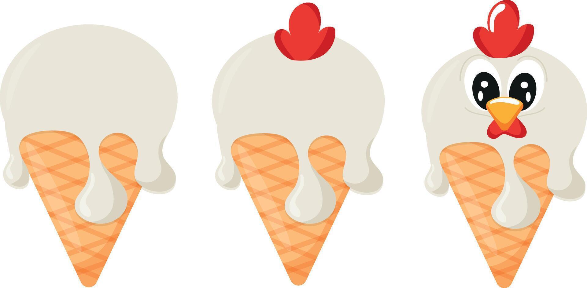 set of cones with white ice cream and animal print, namely rooster face and waffle cone, for design, packaging or advertising vector