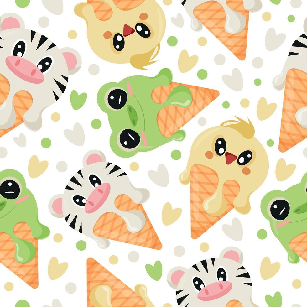 seamless pattern with various layers of ice cream with frog, zebra and chicken faces in a waffle cone, for packaging, advertising or design vector