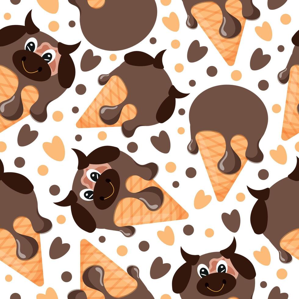 seamless pattern with various layers of ice cream with bull faces in a waffle cone, for packaging, advertising or design vector