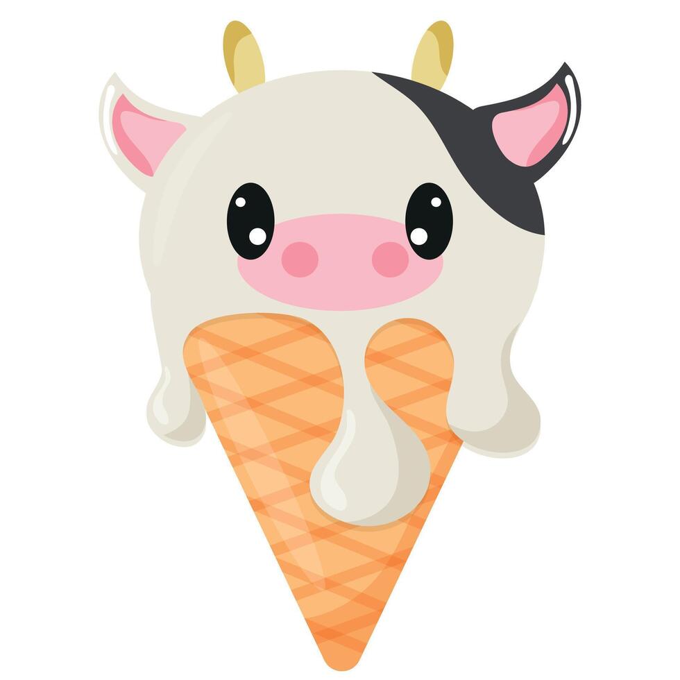 cone with white ice cream and animal print, namely with a cow's face and a waffle cone, for design, for packaging or advertising vector