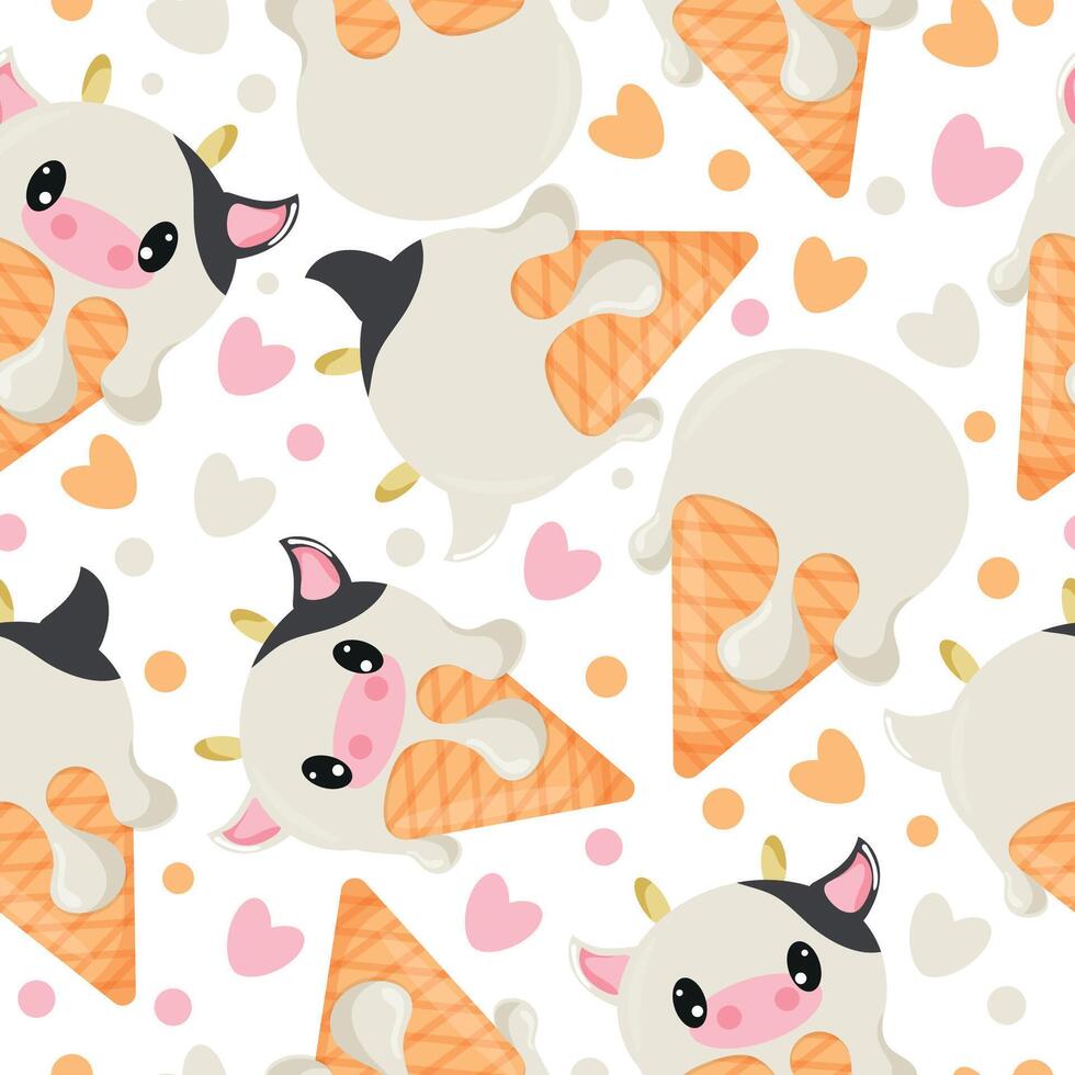 seamless pattern with various layers of ice cream with cow faces in a waffle cone, for packaging, advertising or design vector