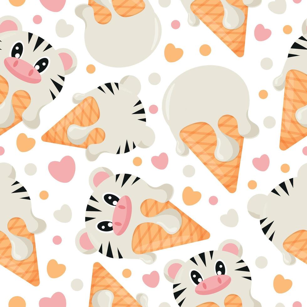 seamless pattern with cones with ice cream and animal print, namely zebra face and waffle cone, for design, packaging or advertising vector