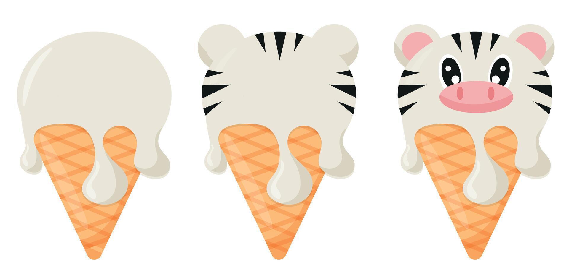 set of cones with white ice cream and animal print, namely zebra face and waffle cone, for design, packaging or advertising vector