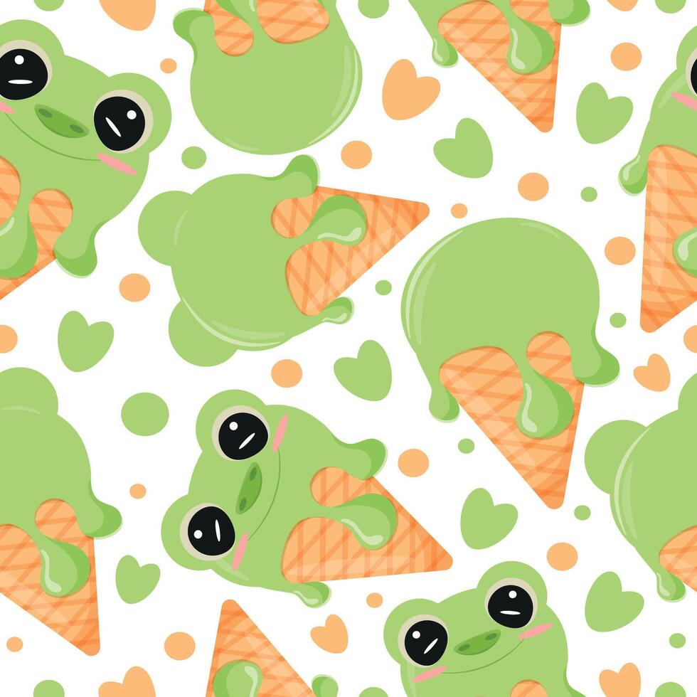 seamless pattern with cones with green ice cream and animal print, namely frog face and waffle cone, for design, packaging or advertising vector