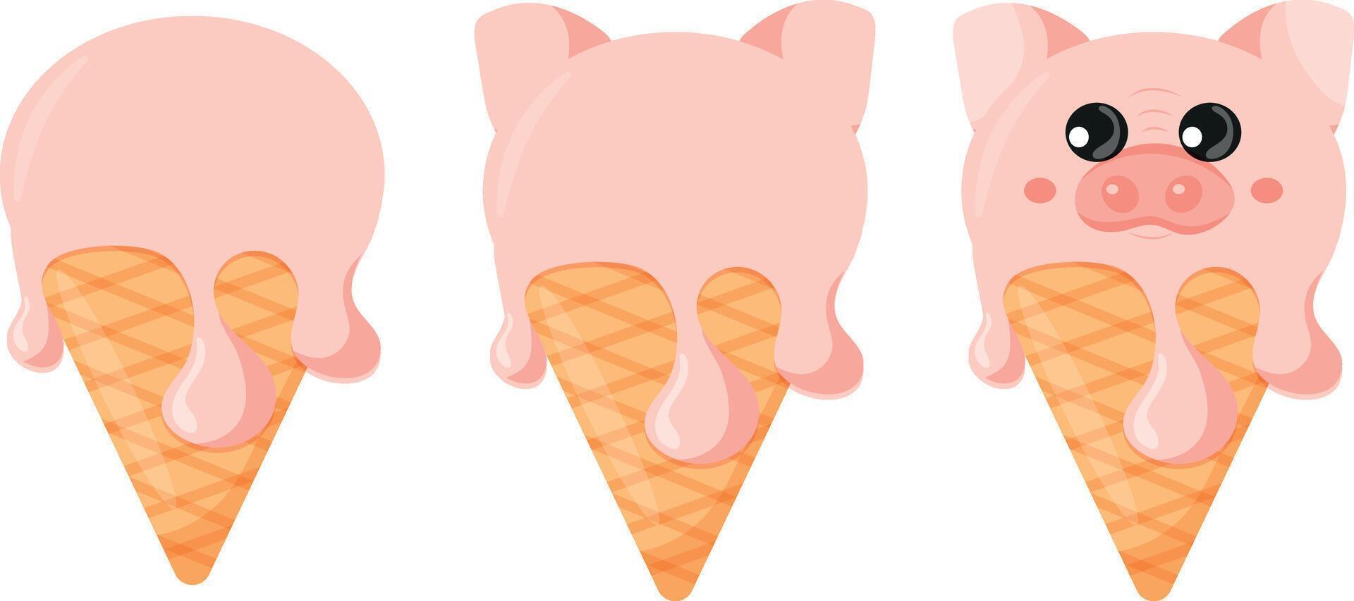 set of cones with pink ice cream and animal print, namely pig face and waffle cone, for design, packaging or advertising vector