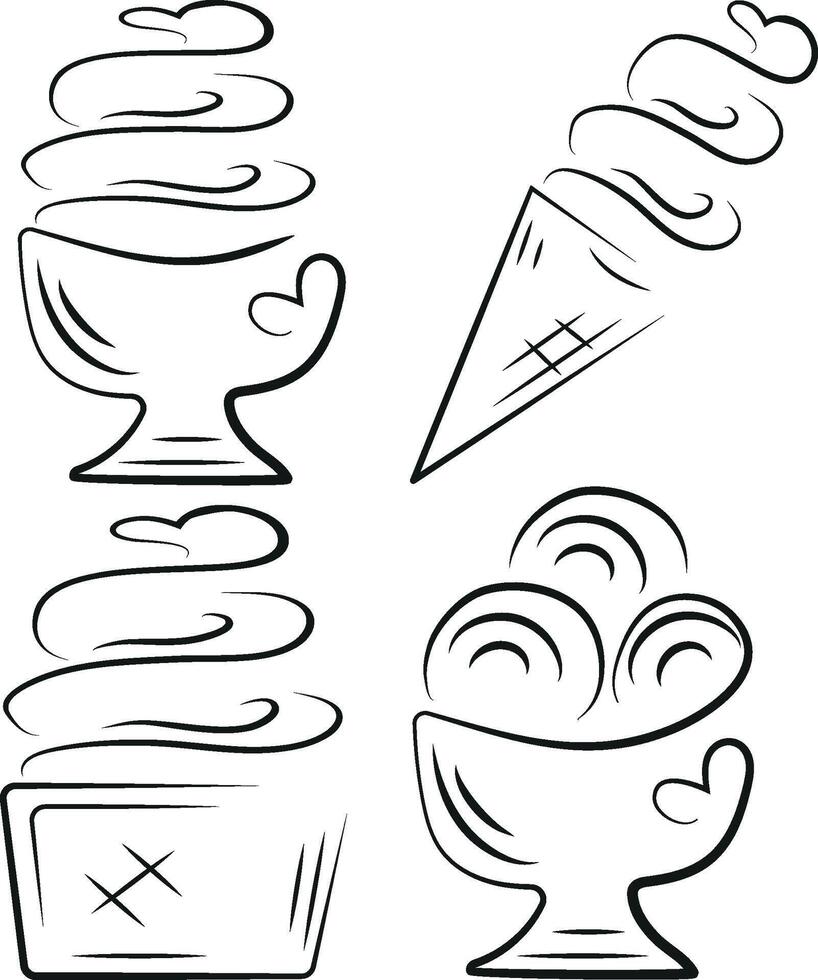 set of various ice creams in line art style, namely ice creams in cups and cones, for logos, packaging or various designs vector
