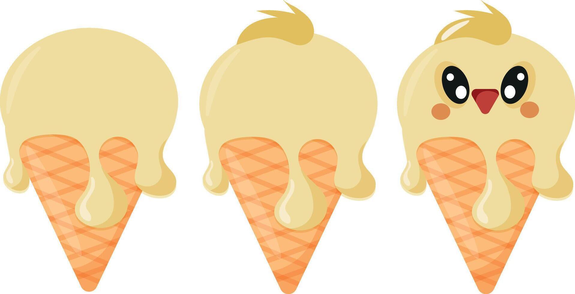 set of cones with yellow ice cream and animal print, namely chickens face and waffle cone, for design, packaging or advertising vector