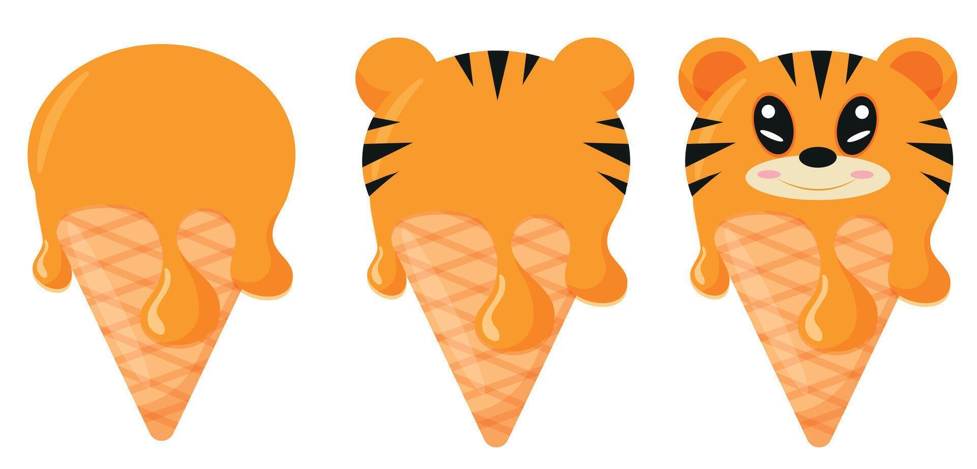 set of cones with orange ice cream and animal print, namely tiger face and waffle cone, for design, packaging or advertising vector