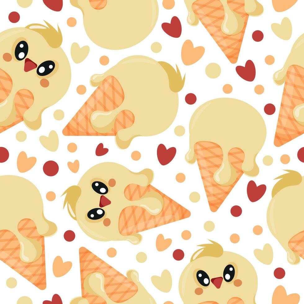 seamless pattern with various layers of ice cream with chickens faces in a waffle cone, for packaging, advertising or design vector