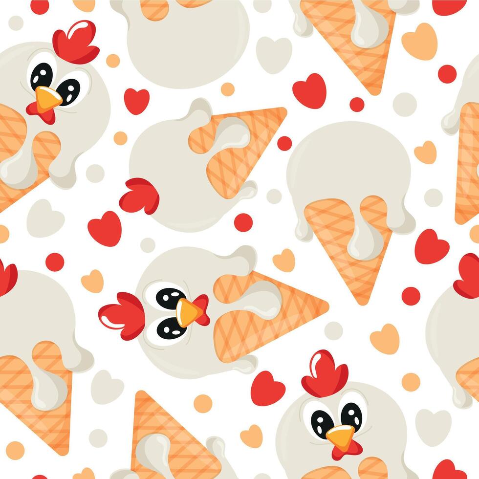 seamless pattern with cones with ice cream and animal print, namely rooster face and waffle cone, for design, packaging or advertising vector