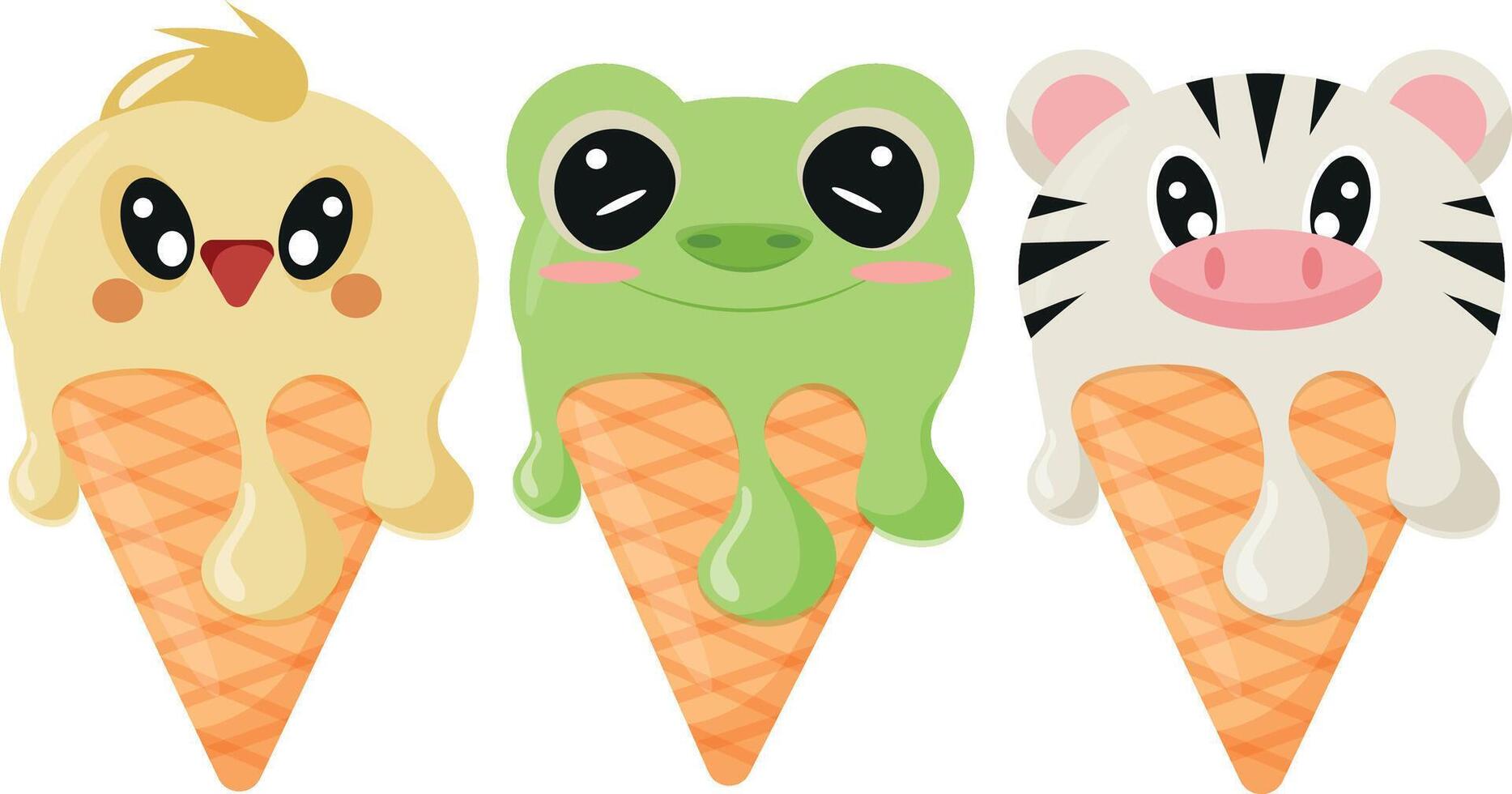 set of cones with ice cream and animal print, namely frog face, chicken face, zebra face and waffle cone, for design, packaging or advertising vector