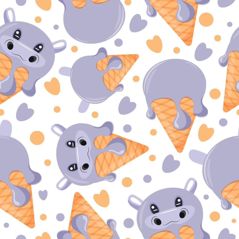 seamless pattern with cones with ice cream and animal print, namely hippo face and waffle cone, for design, packaging or advertising vector