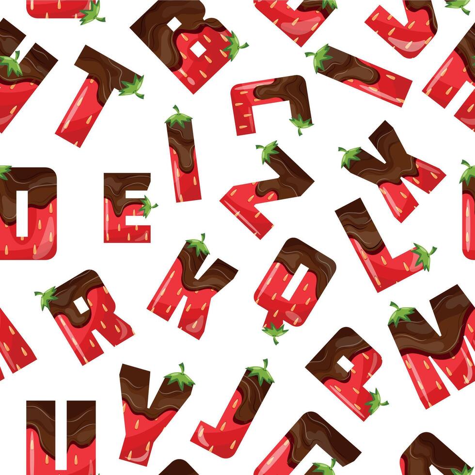 original alphabet with strawberry design with melted dark chocolate and green strawberry tail, for designs, posters or banners vector