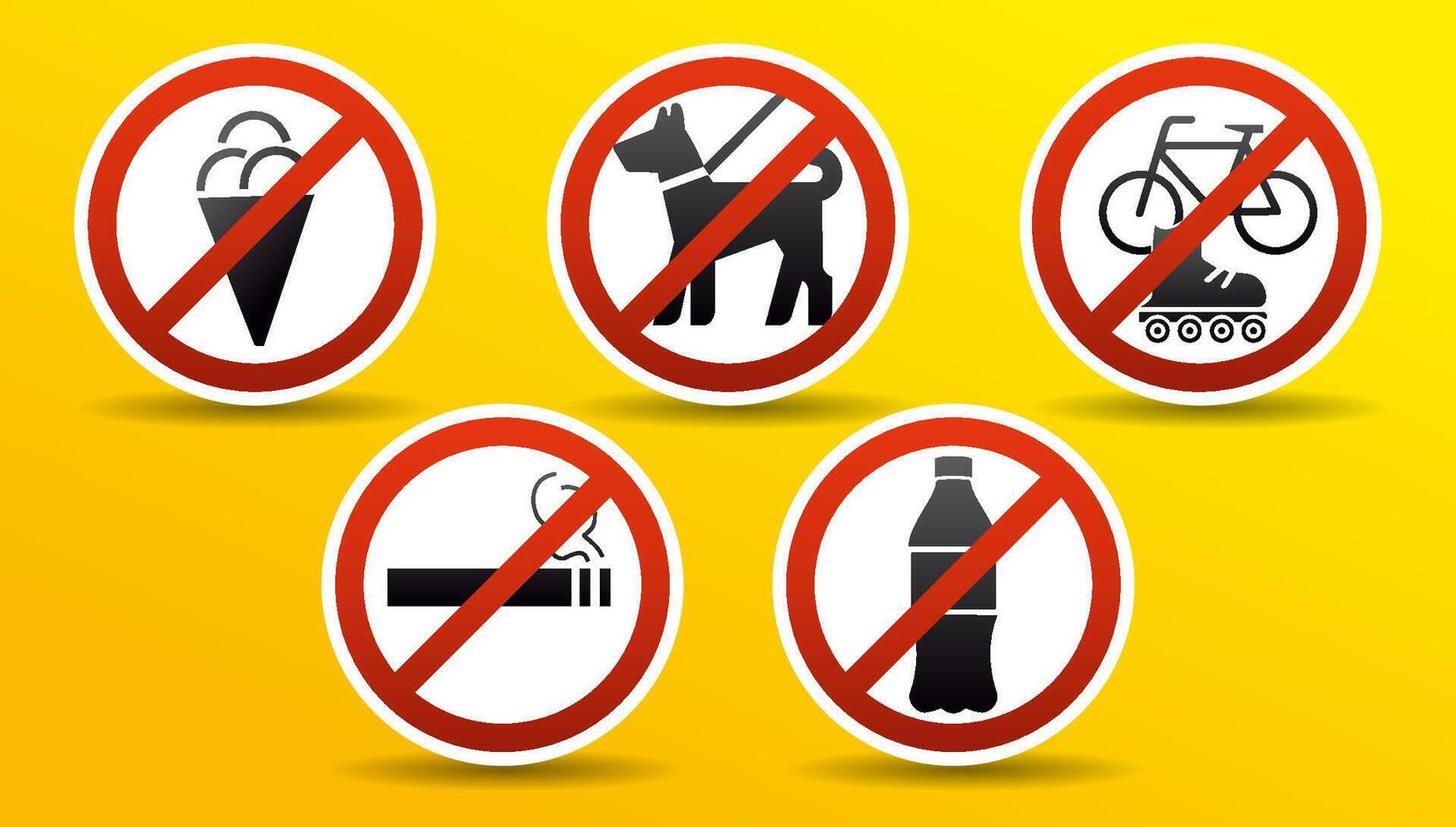 Signs set. no eating, no smoking, no drinking, no driving, no pets allowed vector