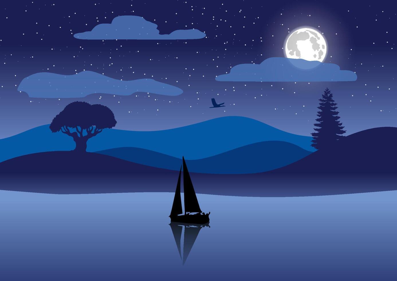 Drawing of a ship at night on the lake vector