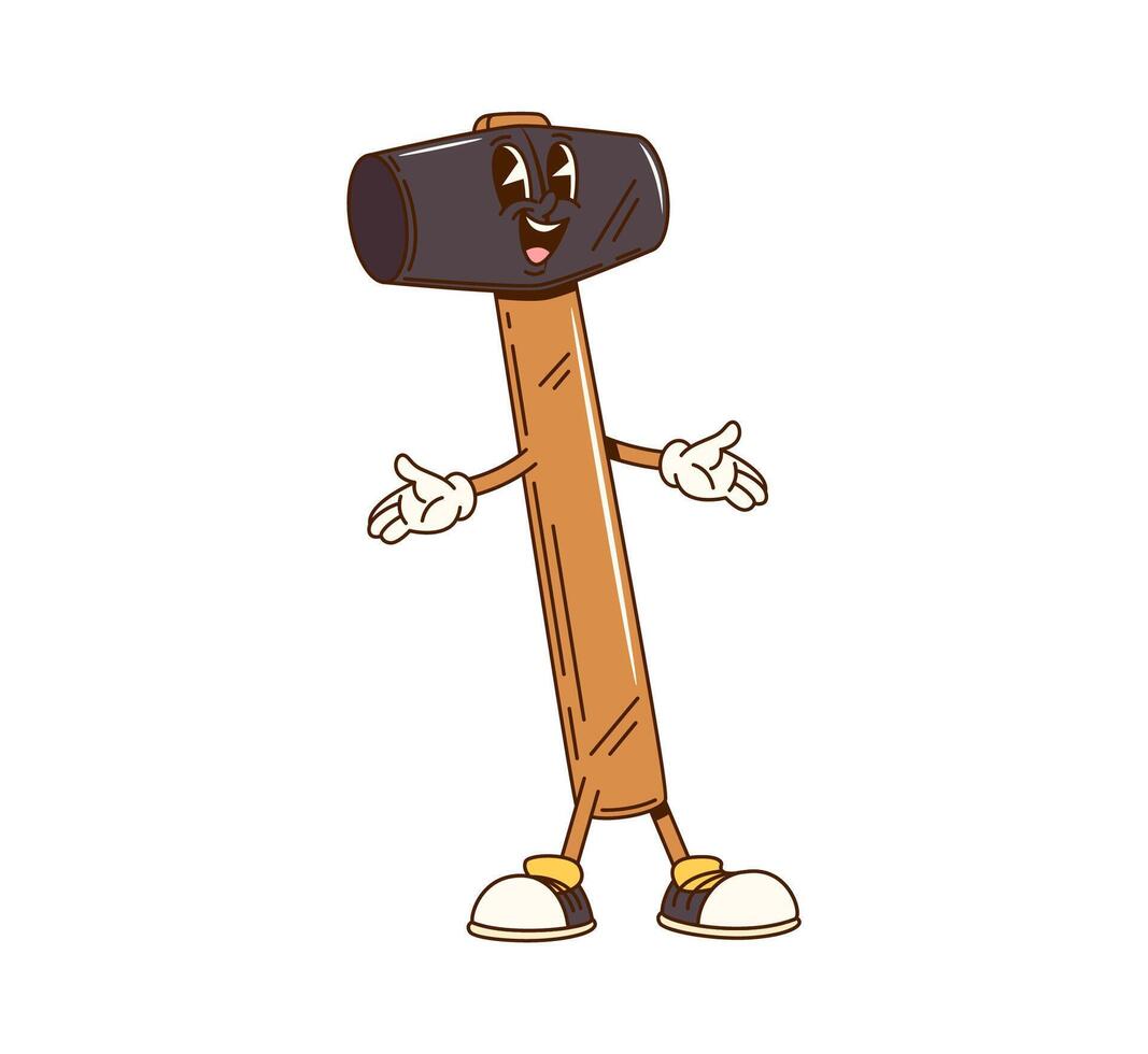 Groovy hammer mallet cartoon character, DIY tool vector