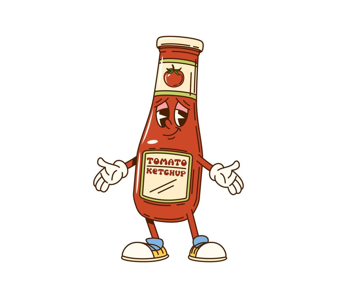 Cartoon groovy tomato ketchup bottle character vector