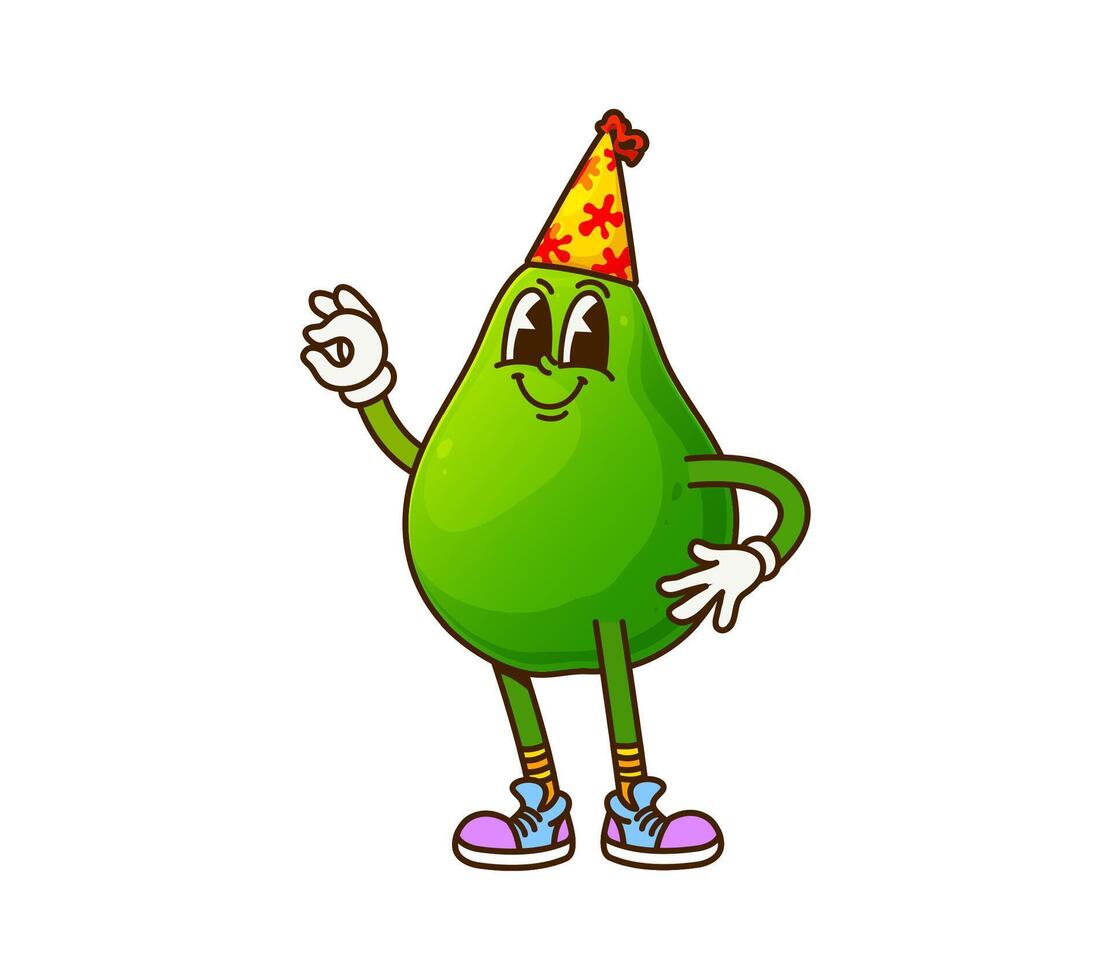 Cartoon groovy pear fruit character with party hat vector